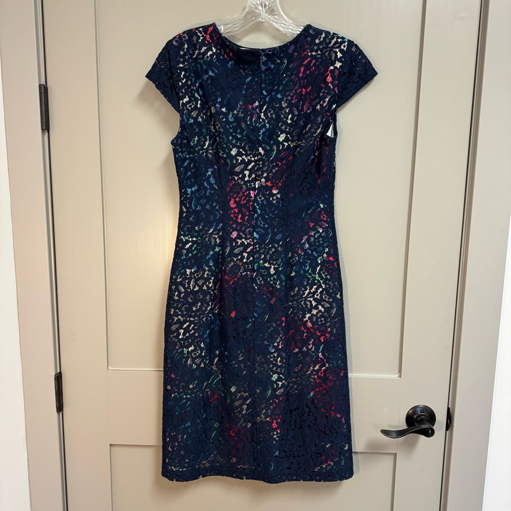 Betsey Johnson Navy Lace Overlay Colorful Floral Lined Cap Sleeved Sheath Dress